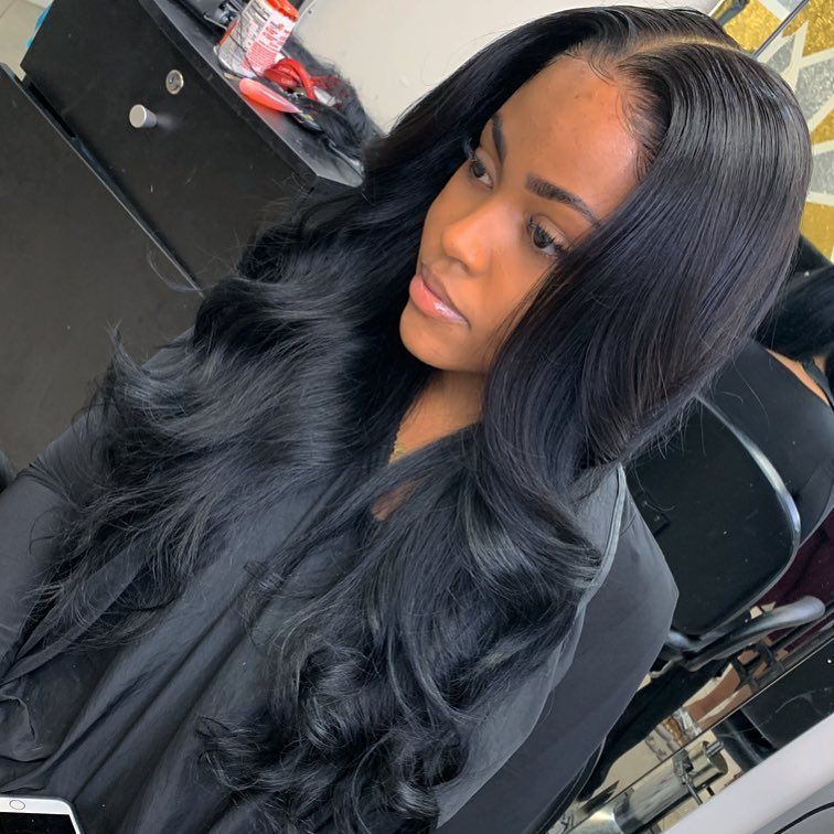 Wavy Black Hair With Side-Swept Bangs — Closure Sew In