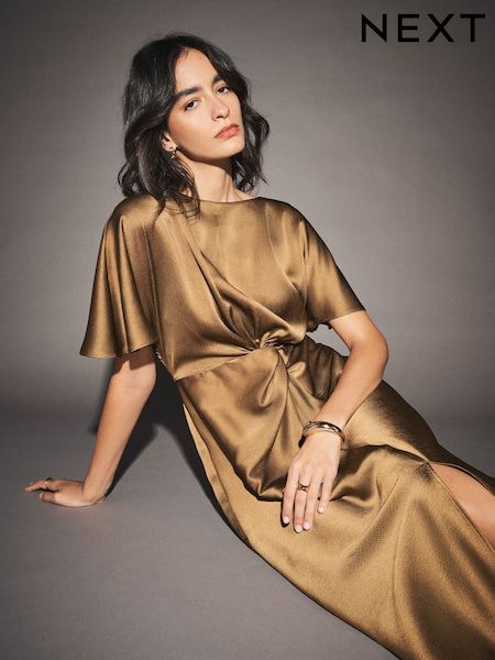 Elegant Gold Satin Draped Dress: Proportional Flow Elegant Gold Satin Draped Dress: Proportional Flow — Dresses for Tall Women