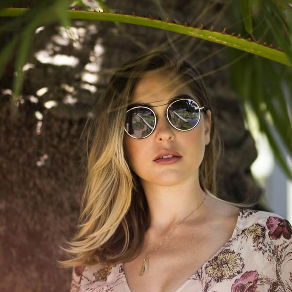Double Bridge Sunglasses with Printed Dress — Round Sunglasses Outfits