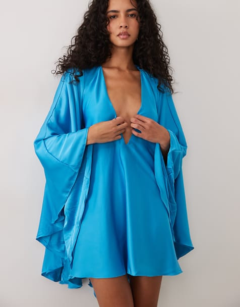 Bright Blue Satin Mini Dress for Loungewear — House Dresses