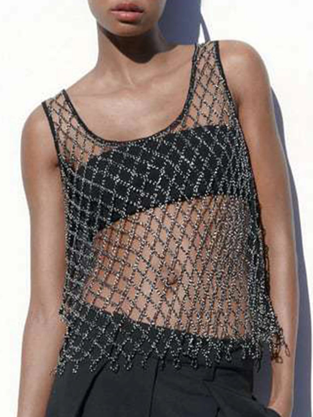 Metallic Thread Mesh Tank with Trousers — Mesh Top Outfits