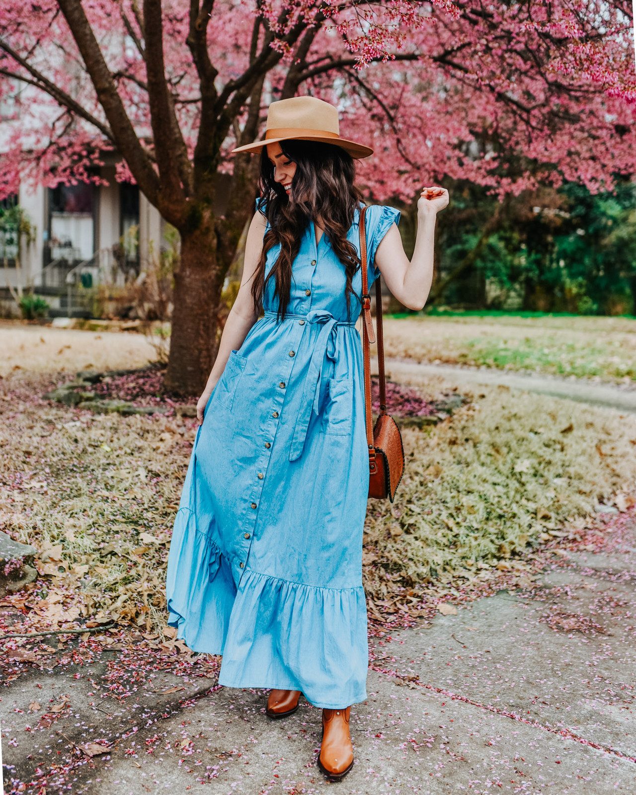 Blue Button-Front Midi Dress with Brown Ankle Boots and Fedora — Cowboy Boot Outfits with Dress