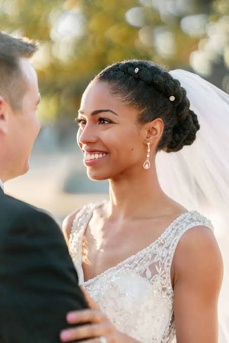 Black Wavy Braided Updo With Pearls — Natural Hair Wedding Styles