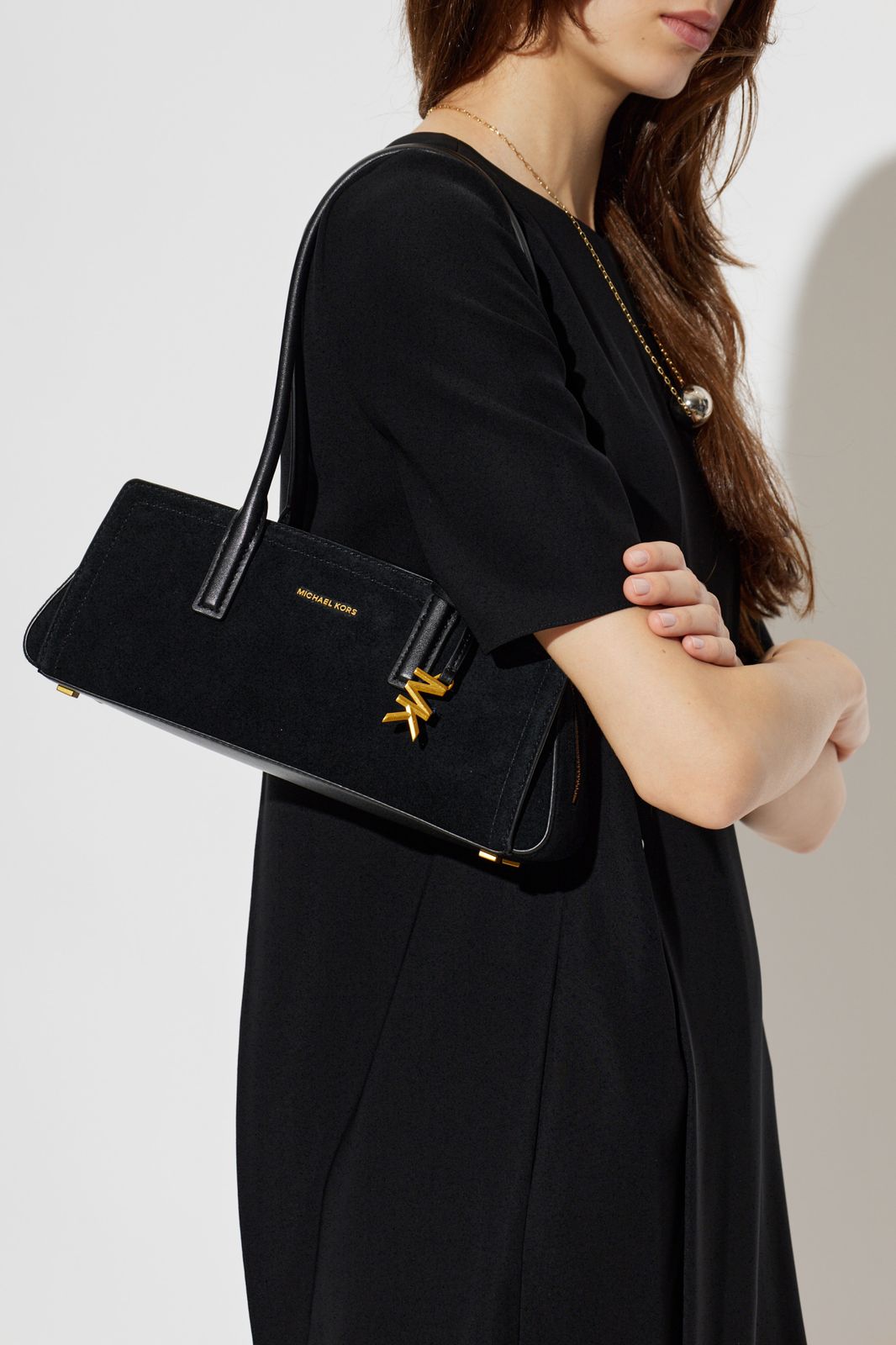 Suede Shoulder Bag with Black Dress and Gold Hardware — Michael Kors Bag Outfits