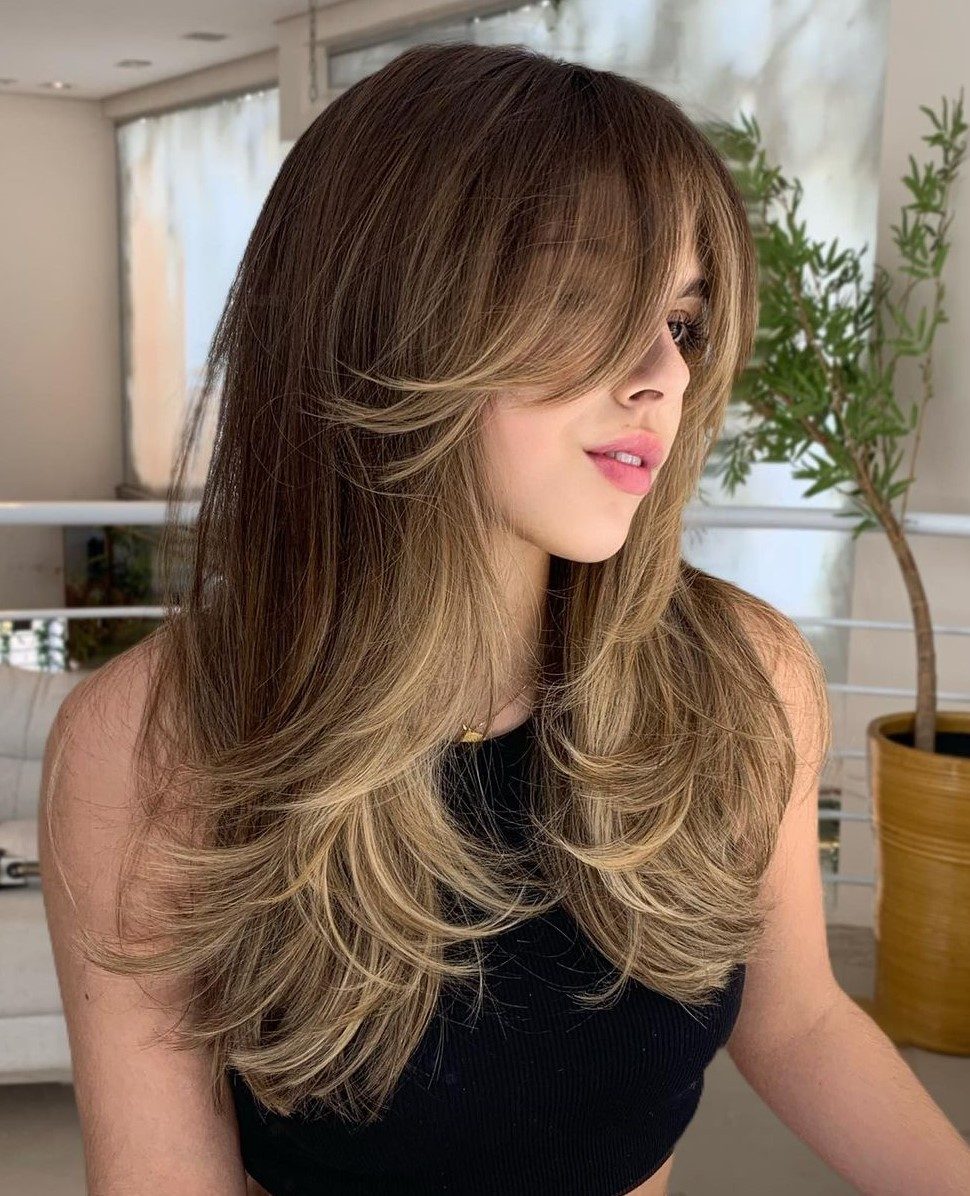 Dark Brown Butterfly With Soft Bangs — Butterfly Haircut Long Hair