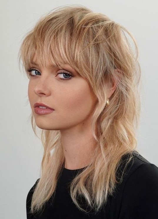 Textured Ash Blonde Shag With Full Bangs Textured Ash Blonde Shag With Full Bangs — 2A Hairstyles