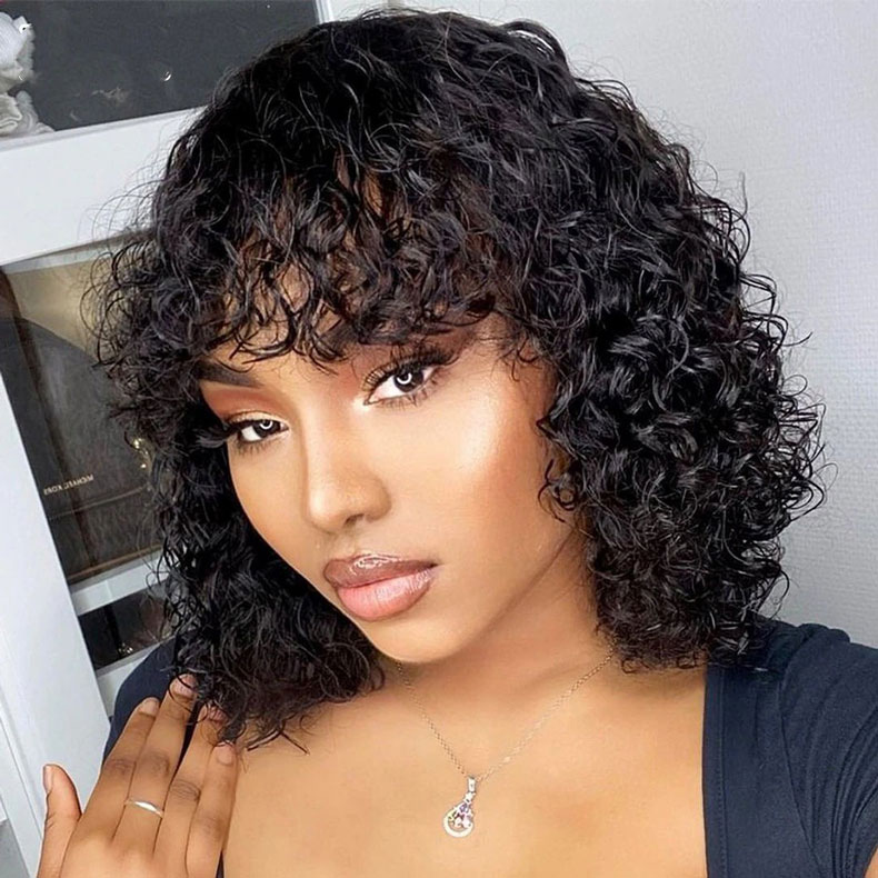 Natural Black Curly Bob With Full Bangs Natural Black Curly Bob With Full Bangs — Wig Hairstyles