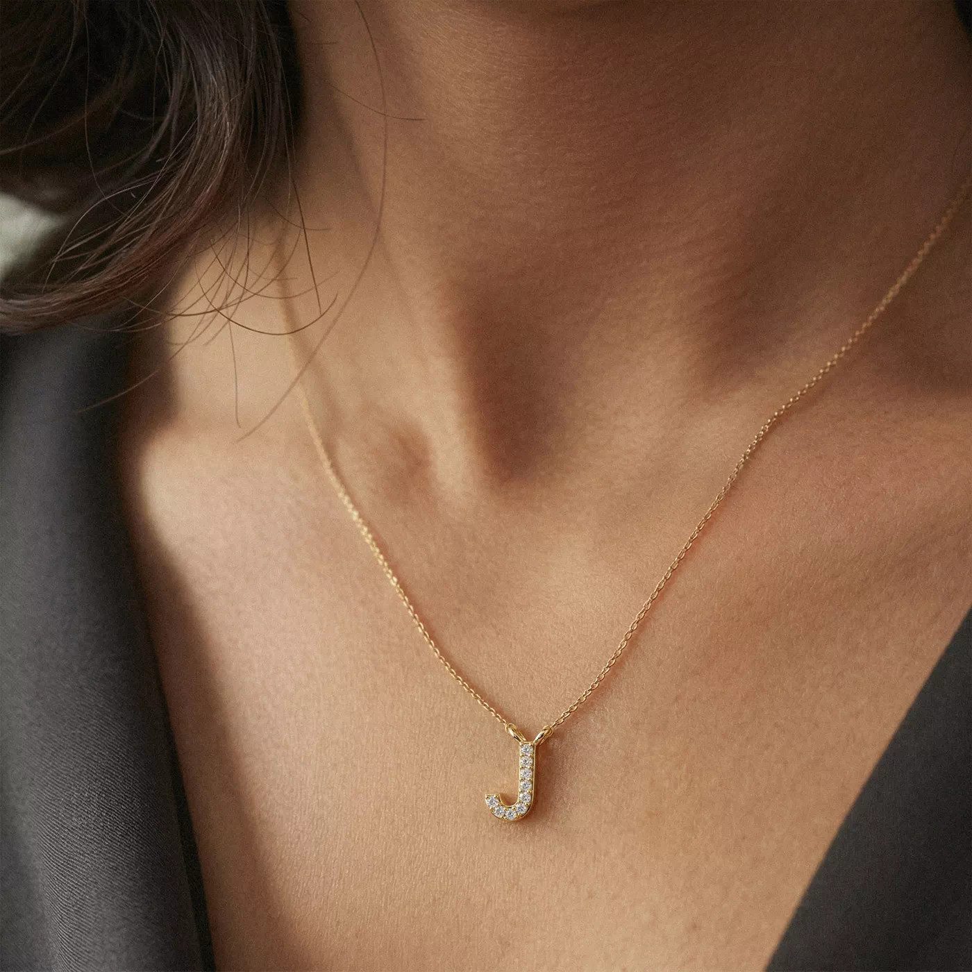 Diamond Initial 'J' Pendant on Grey Blazer Diamond Initial 'J' Pendant on Grey Blazer — Initial Necklaces