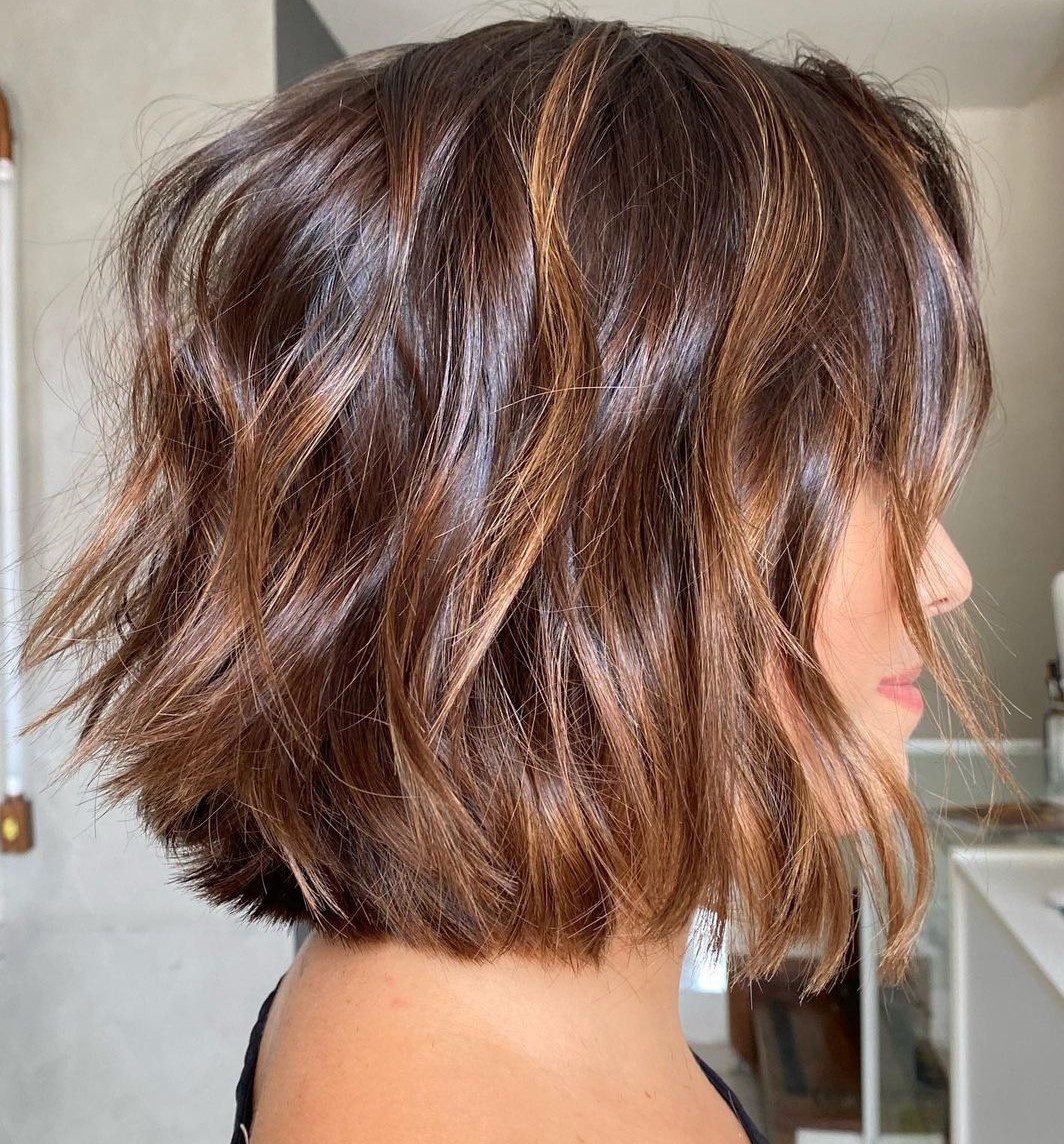 Chin Bob With Choppy Bangs And Caramel — Partial Highlights
