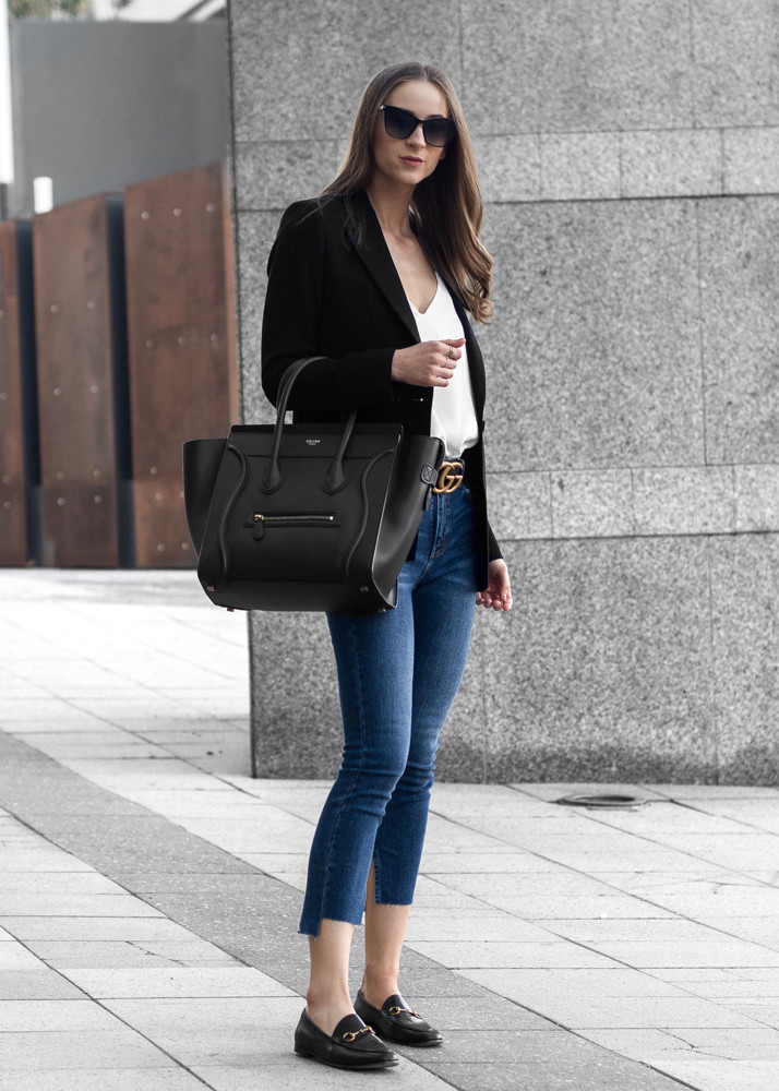 Black Blazer and Jeans with a Classic Gucci Belt — Belt Outfits