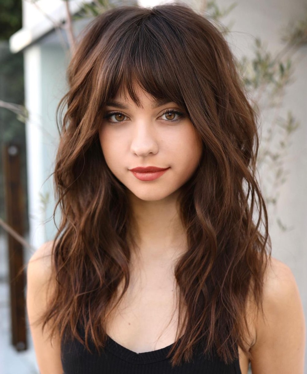 Mid-Back Dark Brown Layers With Blunt Bangs — Long Hair with Bangs