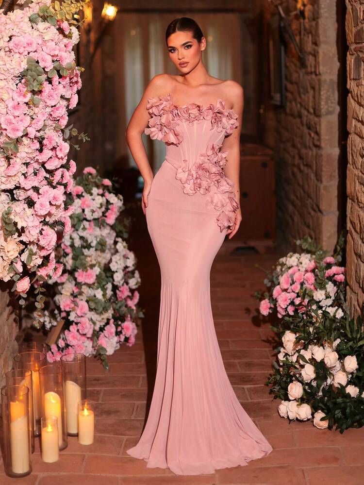 Strapless Pink Mermaid Dress with 3D Floral Appliques Strapless Pink Mermaid Dress with 3D Floral Appliques — Mermaid Dresses