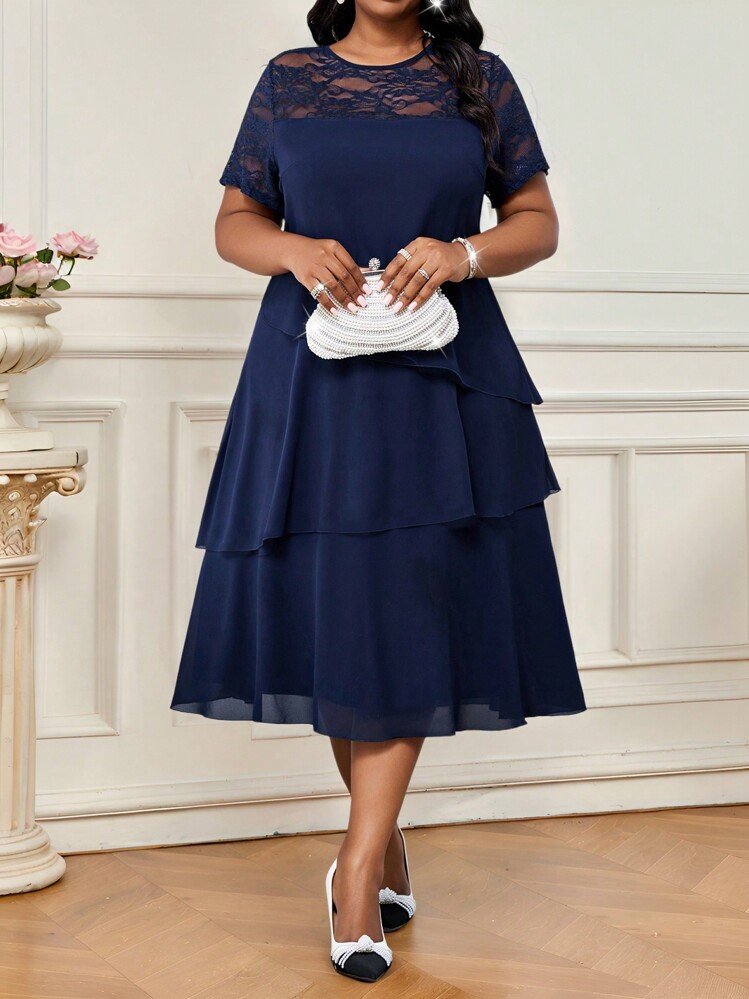 Navy Lace and Ruffle Midi Dress for Elevated Occasions Navy Lace and Ruffle Midi Dress for Elevated Occasions — Shein Outfits