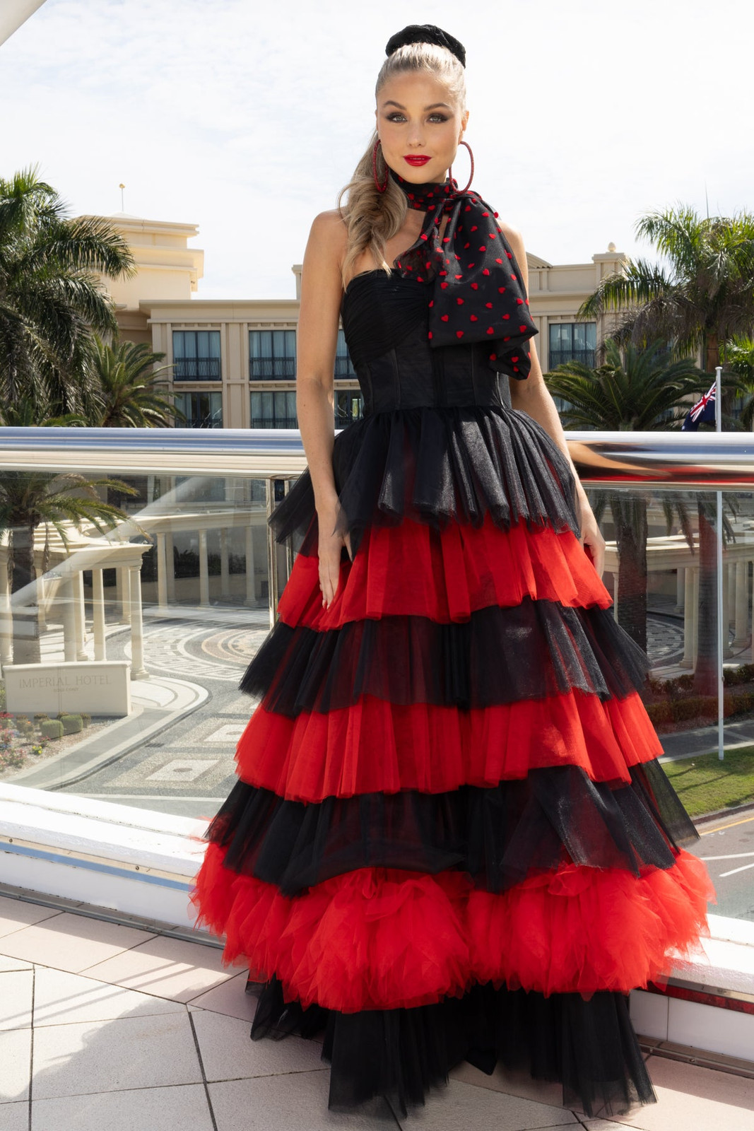 Strapless Black and Red Tulle Gown with Tiered Skirt — Tulle Dresses