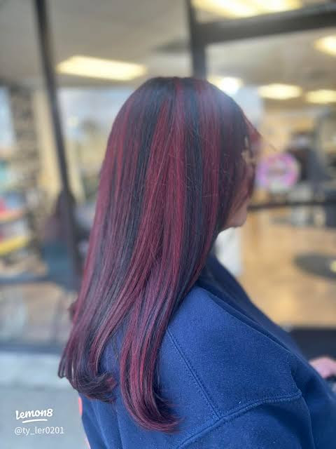 Shoulder Length Red Side Part Blowout — Highlights on Black Hair