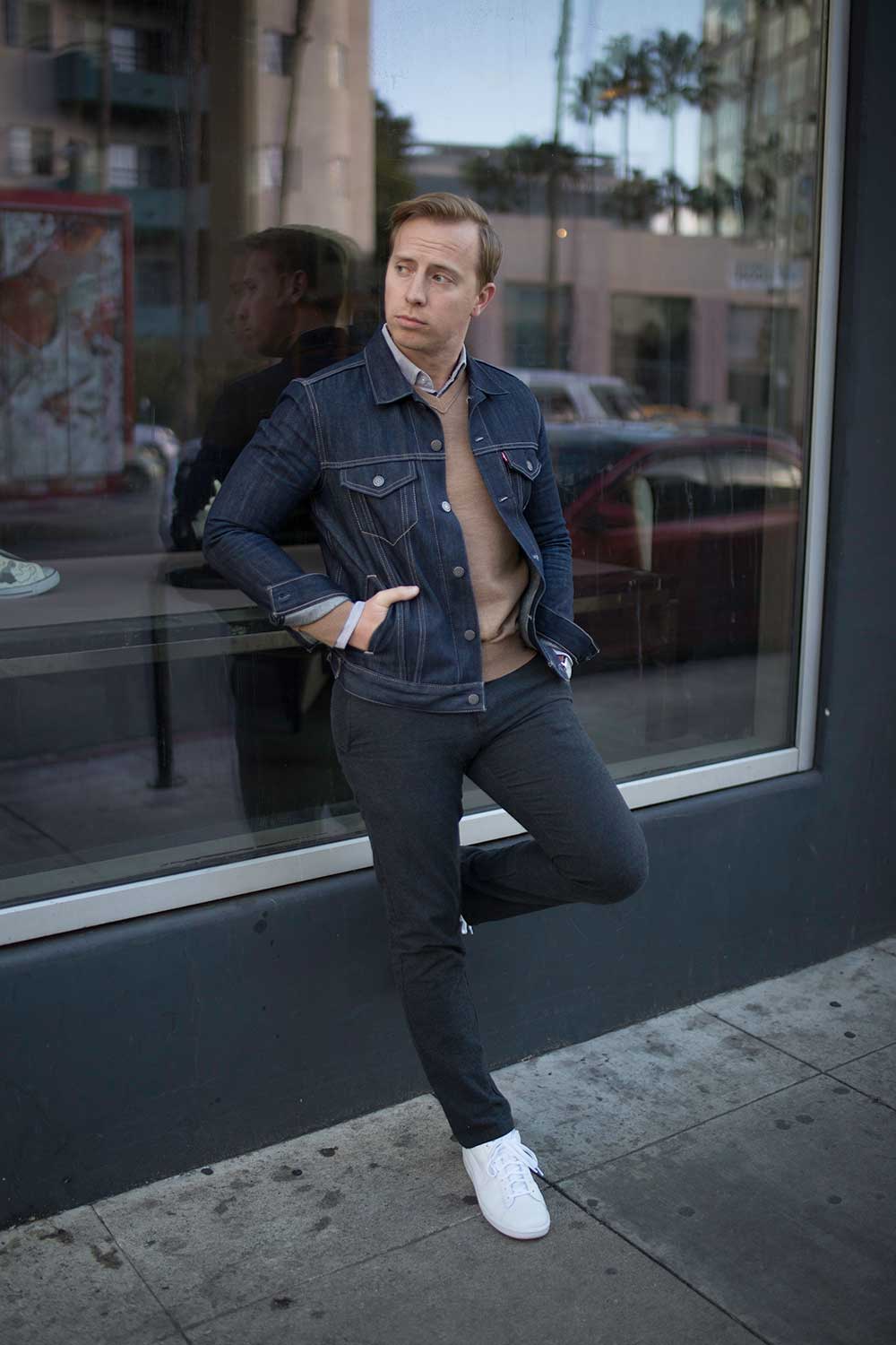 Denim Jacket Layered with Sweater and Trousers Denim Jacket Layered with Sweater and Trousers — Mens Business Casual Outfits
