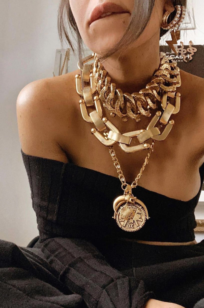 Multiple Chunky Gold Necklaces with Hoop Earrings Multiple Chunky Gold Necklaces with Hoop Earrings — Chunky Jewelry