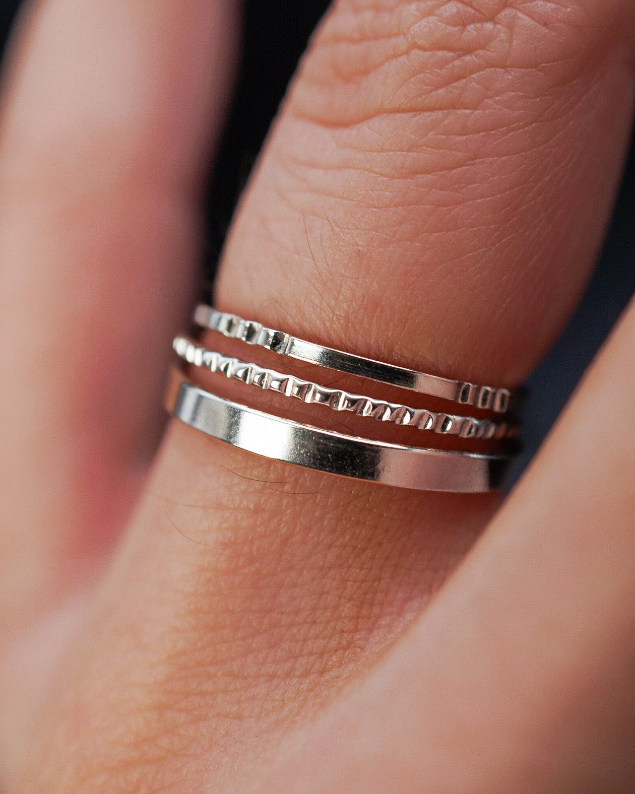 Slim Sterling Silver Rings with Textured Bands — Silver Ring Stack