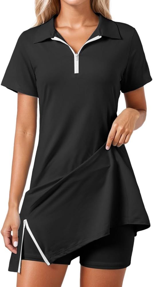 Black Polo Dress with White Zipper and Integrated Shorts — Tennis Dresses