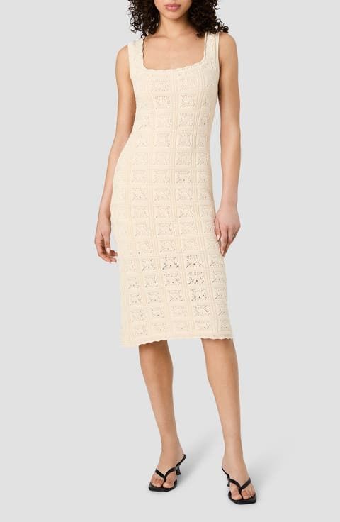 Cream Crochet Knit Dress for Summer Casual Style — Knee Length Dresses