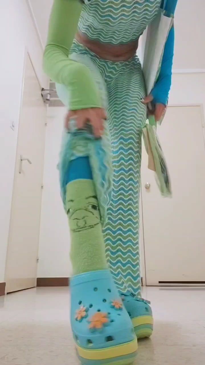 Knitwear Coordination: Blue Crocs with Patterned Set — Crocs Outfits
