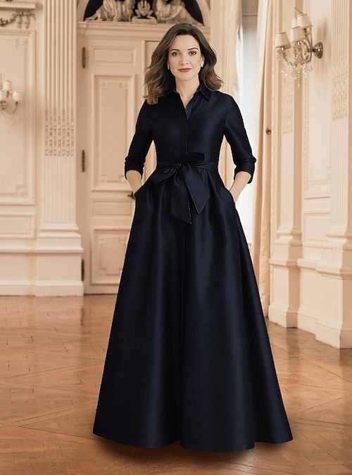 Deep Navy Satin Shirt Dress with Self-Tie Belt Deep Navy Satin Shirt Dress with Self-Tie Belt — Mother of the Bride Dresses