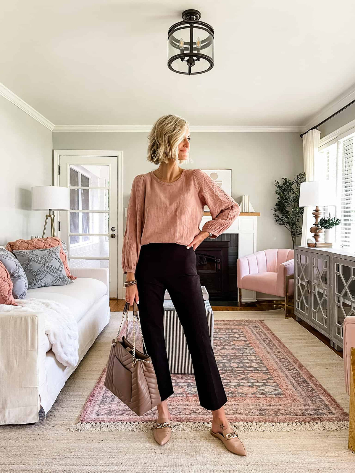 Textured Pink Long-Sleeve Blouse with Black High-Waisted Trousers Textured Pink Long-Sleeve Blouse with Black High-Waisted Trousers — Teacher Conference Outfits