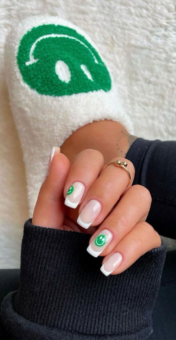 French Tip With Green Smiley Accent — Smiley Face Nails