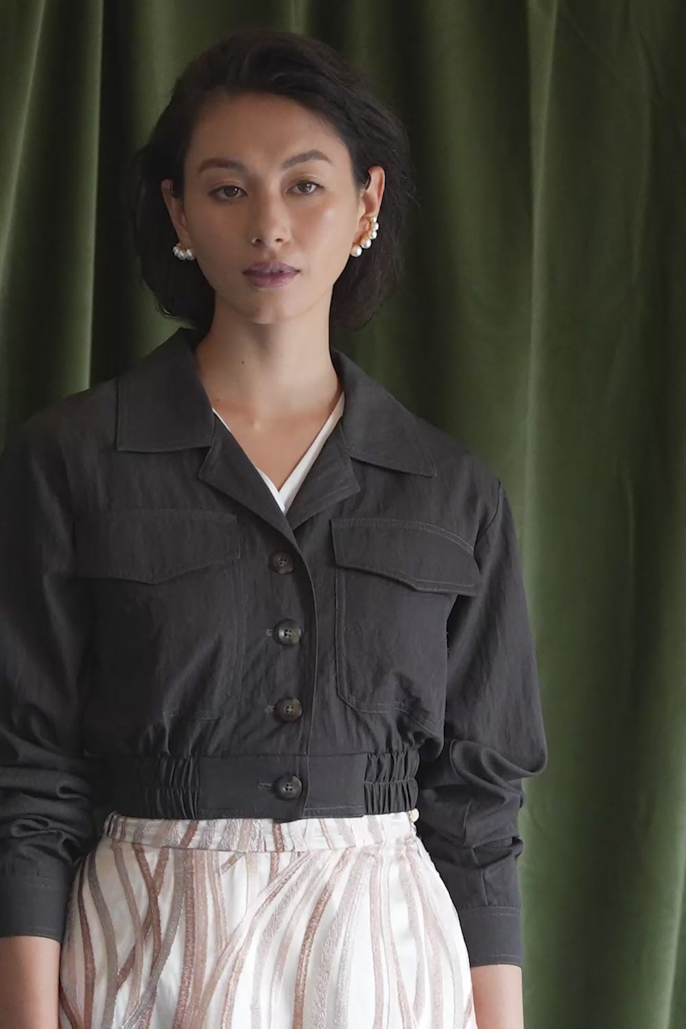 Dark Grey Cropped Utilitarian Jacket with Pearl Earrings Dark Grey Cropped Utilitarian Jacket with Pearl Earrings — Utilitarian Outfits