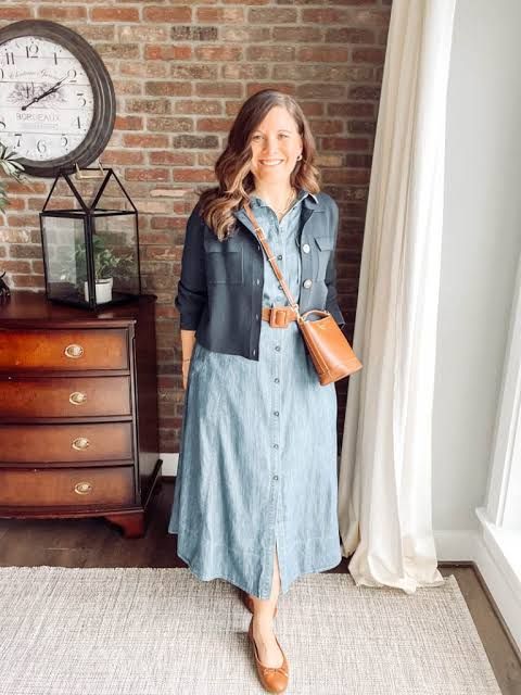 Blue Chambray Shirtdress with Cropped Jacket and Brown Flats — Midi Dress Outfits