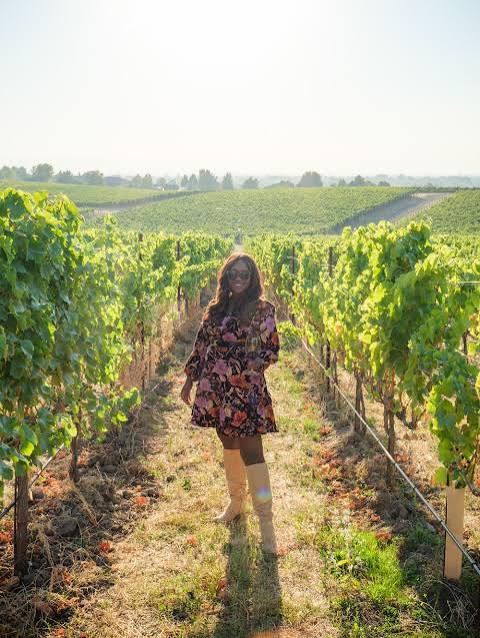 Dark Floral Print Dress with Knee-High Boots for a Winery Excursion — Winery Outfits