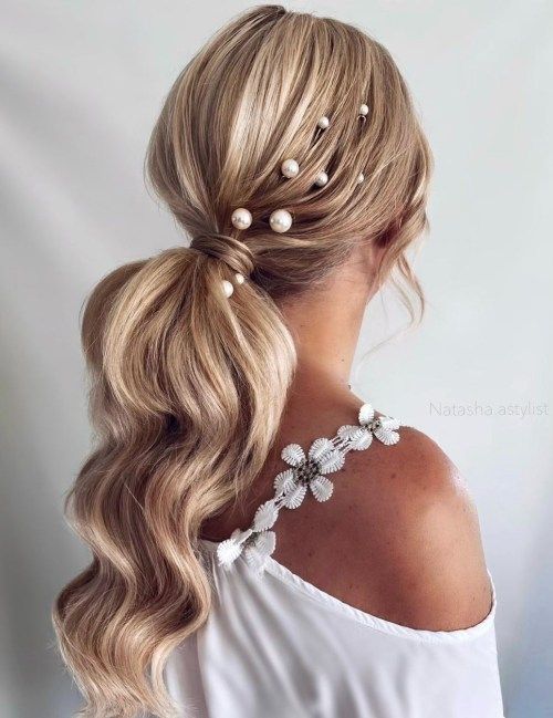 Pearl Accented High Ash Blonde Ponytail Pearl Accented High Ash Blonde Ponytail — Wedding Guest Hairstyles