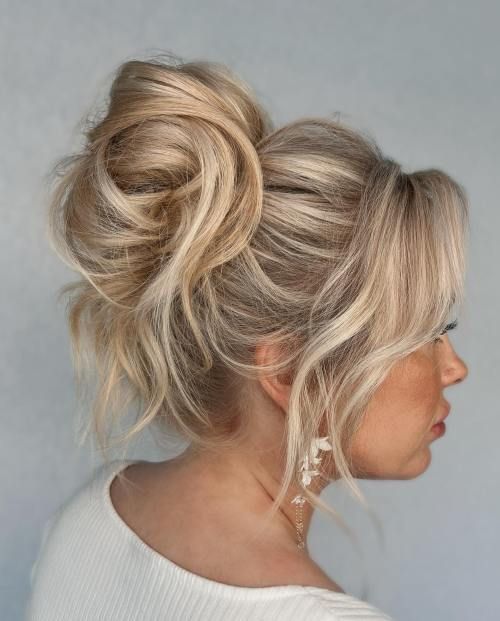Messy High Bun With Curtain Bangs Messy High Bun With Curtain Bangs — Mother of the Bride Hairstyles