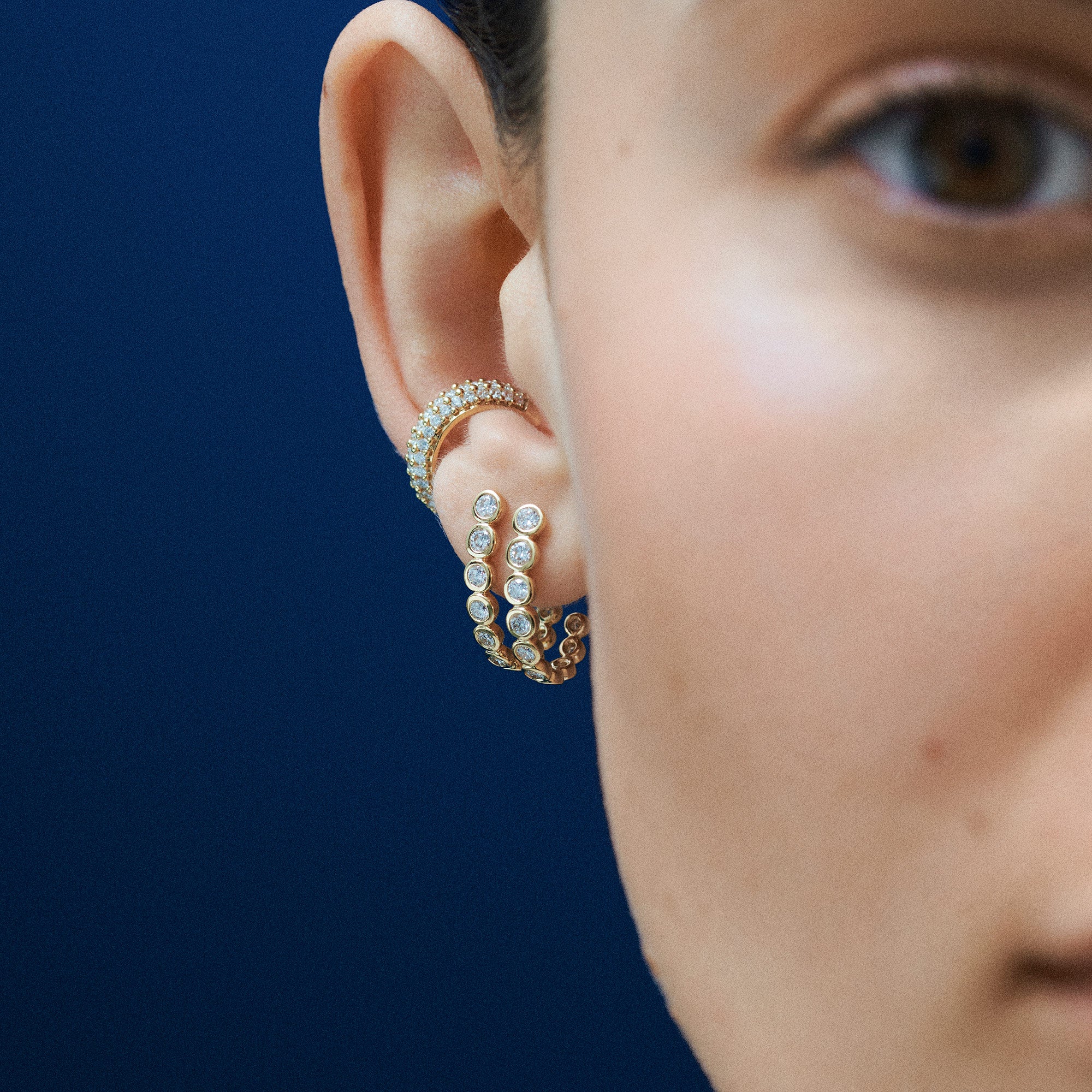 Gemstone Double Row Hoops with Ear Cuff — Hoop Earrings