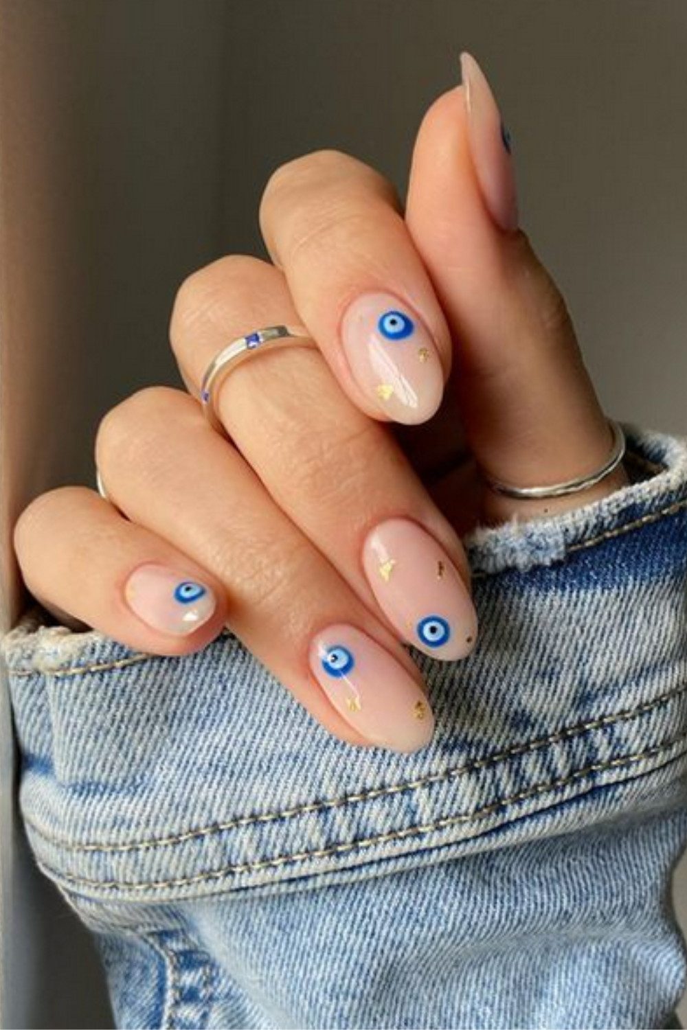 Sheer Nude Oval Gold Foil Evil Eye Nails Sheer Nude Oval Gold Foil Evil Eye Nails