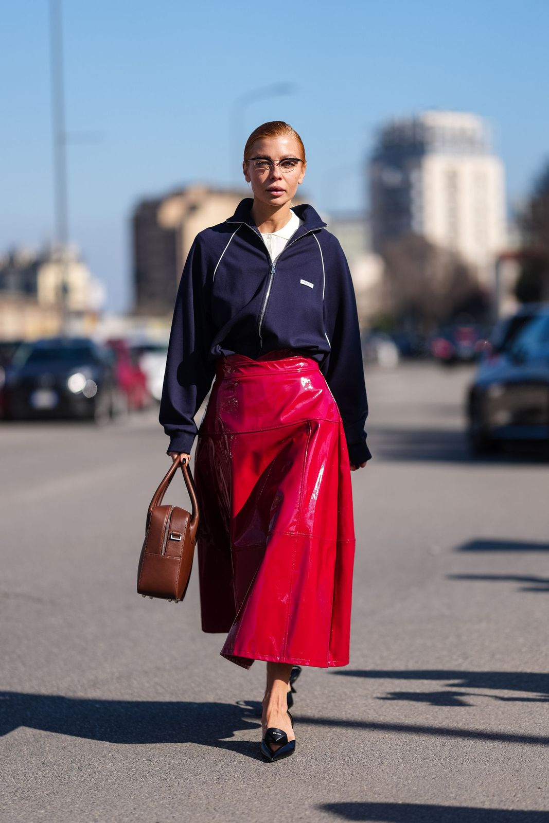 Navy Track Jacket with Red Patent Midi Skirt — Track Jacket Outfits