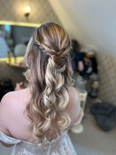 Braided Crown Blonde With Waves — Half Up Half Down Wavy Hair