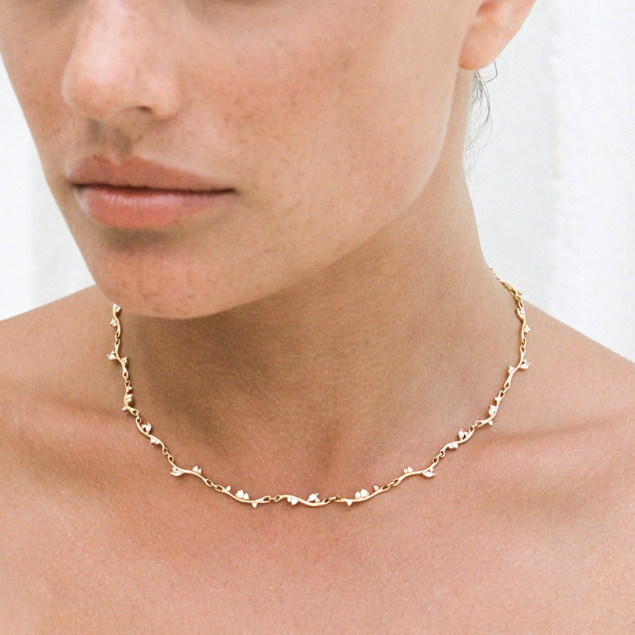 Delicate Wavy Gold Necklace with White Stones Delicate Wavy Gold Necklace with White Stones — Gold Jewelry