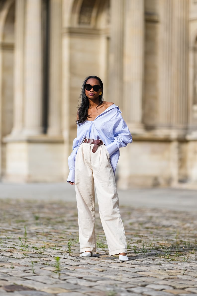 Relaxed Light Blue Shirt with Beige Wide Leg Pants — Wide Leg Pants Outfits