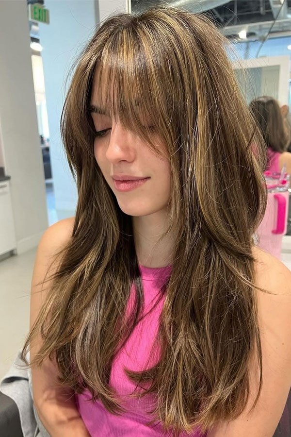Ribbed Knit Pink Top and Layered Brown Hair Ribbed Knit Pink Top and Layered Brown Hair — Long Curtain Bangs