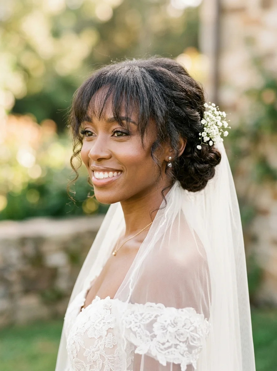 Dark Brown Wavy Bun with Wispy Bangs — Low Bun with Bangs