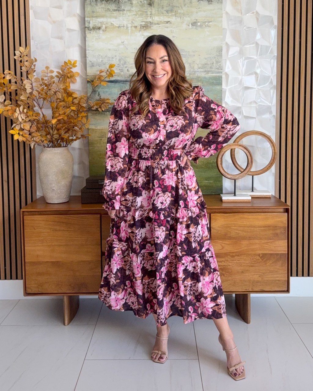 Evening Elegance: Dark Floral Midi Dress with Nude Heels Evening Elegance: Dark Floral Midi Dress with Nude Heels — Floral Dress Outfits