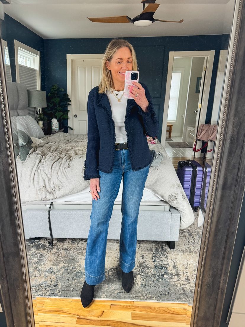 Textured Navy Blazer with Frayed Edges for Smart Casual Travel Textured Navy Blazer with Frayed Edges for Smart Casual Travel — Business Trip Outfits
