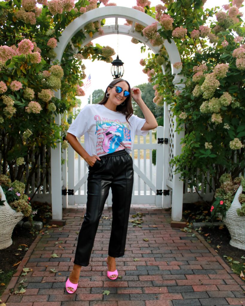 Band Tee with Leather Pants and Pink Mules — Band Tee Outfits