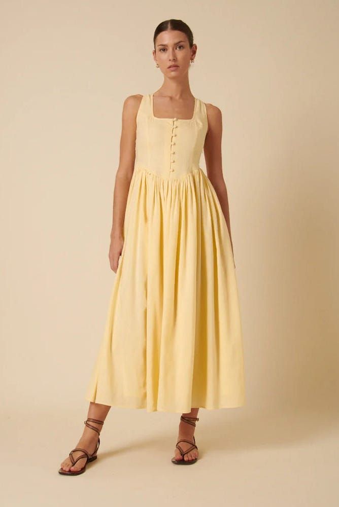 Casual Chic: Pale Yellow Corset Midi Dress with Buttons Casual Chic: Pale Yellow Corset Midi Dress with Buttons — Corset Dress Outfits
