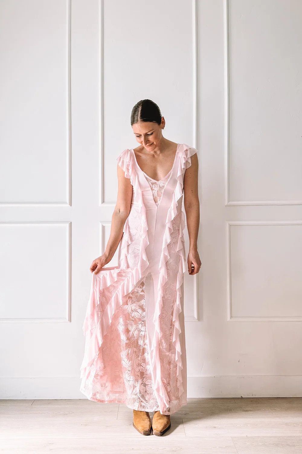 Ruffled Lace Maxi Dress with Brown Boots Ruffled Lace Maxi Dress with Brown Boots — Urban Outfitters Outfits