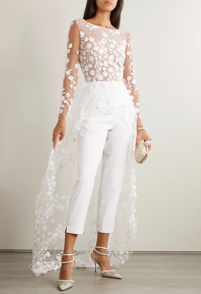 White Embroidered Ensemble with Sheer Overlay Train — Rehearsal Dinner Dresses