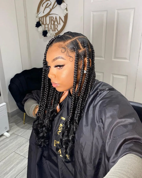 Layers Deep Black Mid-Back Braids With Wavy Ends — Medium Knotless Braids