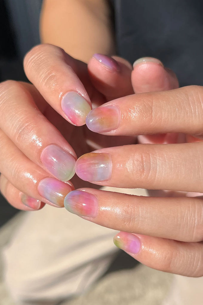 Blue Marble And Gold Foil Almond Overlay Nails Blue Marble And Gold Foil Almond Overlay Nails