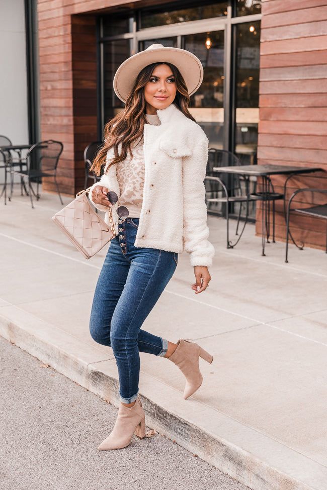Cream Fuzzy Sherpa Jacket with Patterned Knit Sweater Cream Fuzzy Sherpa Jacket with Patterned Knit Sweater — Soft Girl Outfits